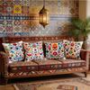 4Pcs Vibrant Mexican Folk Art Throw Pillow Covers - Red/Blue, Polyester, No Insert Included - Perfect For Sofa, Bed, Car
