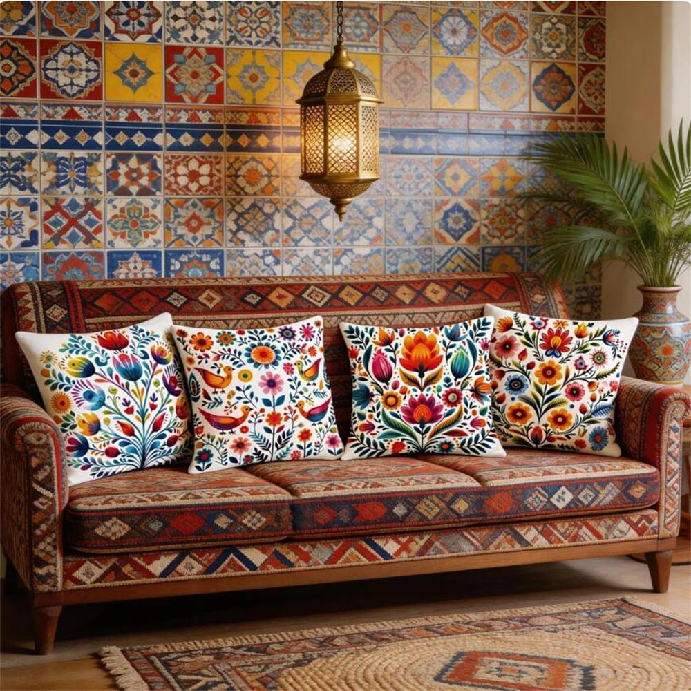 4Pcs Vibrant Mexican Folk Art Throw Pillow Covers - Red/Blue, Polyester, No Insert Included - Perfect For Sofa, Bed, Car