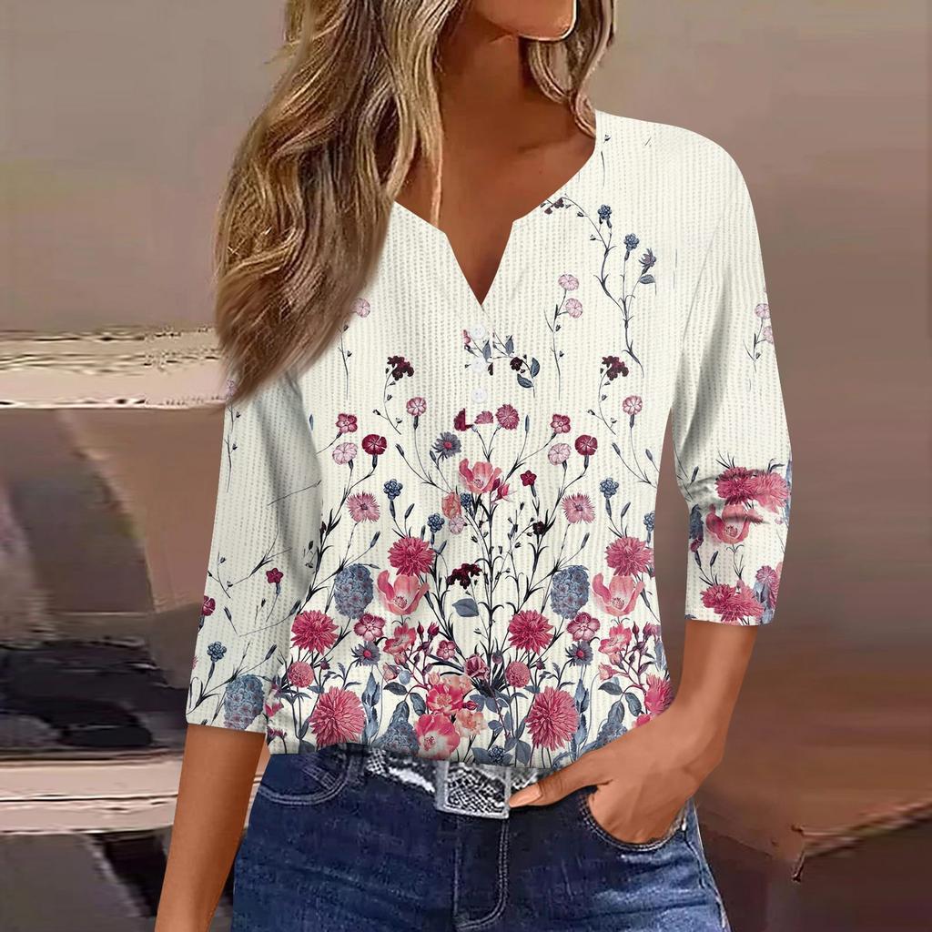 Женская футболка с принтом на пуговицах, рукав 3/4, вязаный свитер, повседневный, модный, на выходные, базовый, с V-образным вырезом, обычный топ