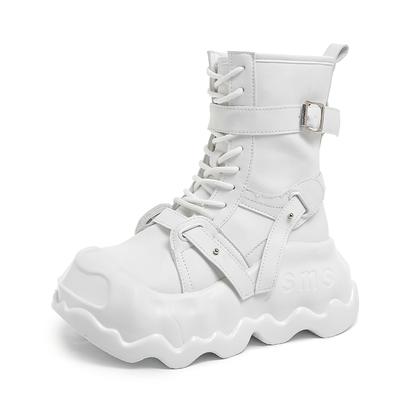 Модные 8 см Модные женские кожаные ботильоны в панк-стиле Осень Зима Каблуки Массивные кроссовки Высокая платформа Молния Мотоциклетные ботинки Женщина