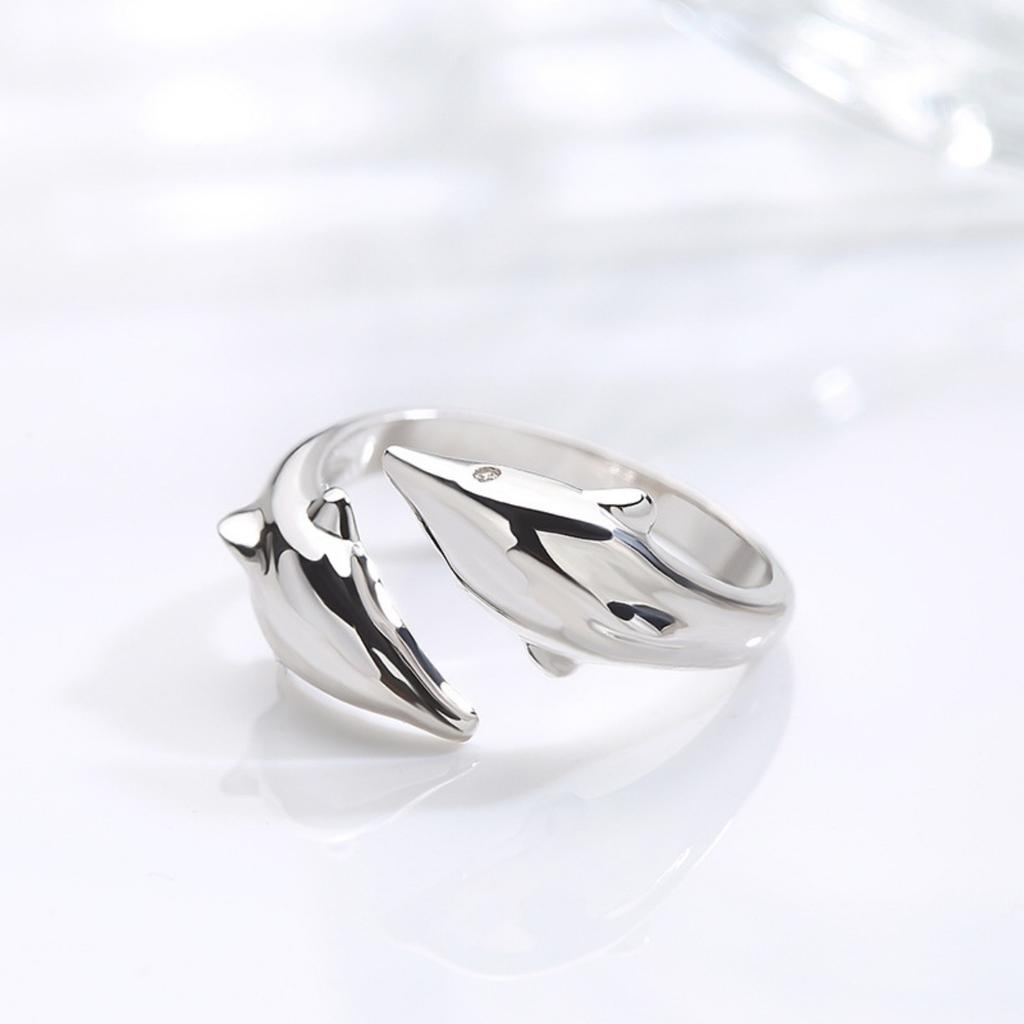 Minimalist Double Dolphin Finger Rings For Women Men Exquisite Zircon Sea Animal Fish Opening Ring Wedding Party Jewelry