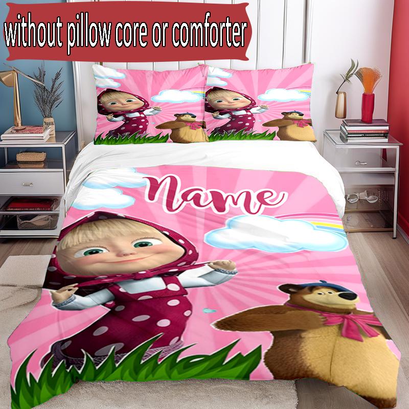 3pcs Duvet Cover Set (1*Duvet Cover + 2*Pillowcase, Without Core), Custom Name Masha and The Bear Pattern Bedding Set, Home Bedroom Decor Gift