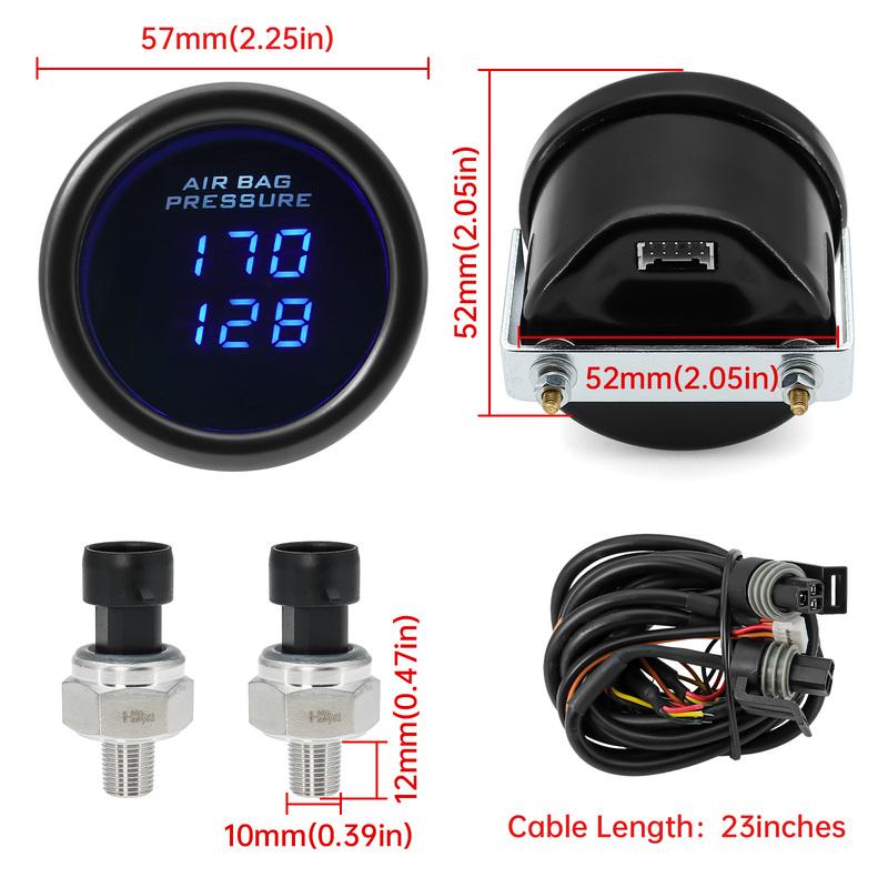 AD 52mm Air Pressure Gauge Blue LED Bar Dual Digital Display For Air Suspension System Air Ride Meter Sensor With Bracket
