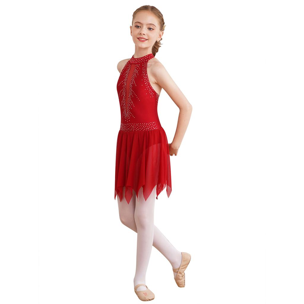 Girls Halter Rhinestones Kids Sleeveless Neck Skating Leotard Dress Lyrical Modern Dance Costume