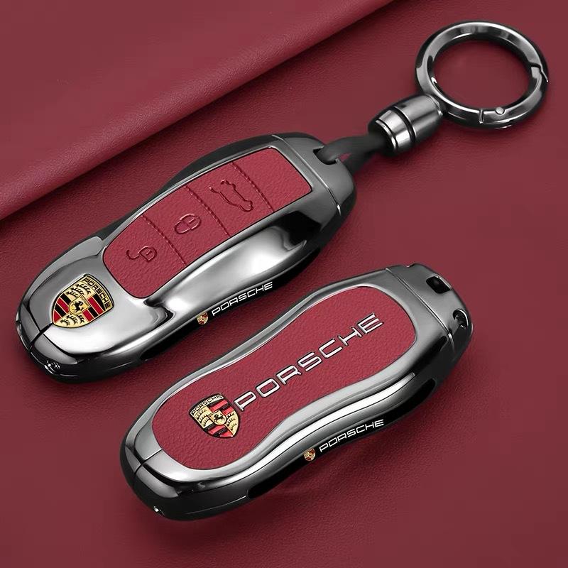 Zinc Alloy Leather Car Key Case Full Cover Protector For Porsche Cayenne Panamera Macan Cayman 718 911 Taycan Accessory Sticker VN9