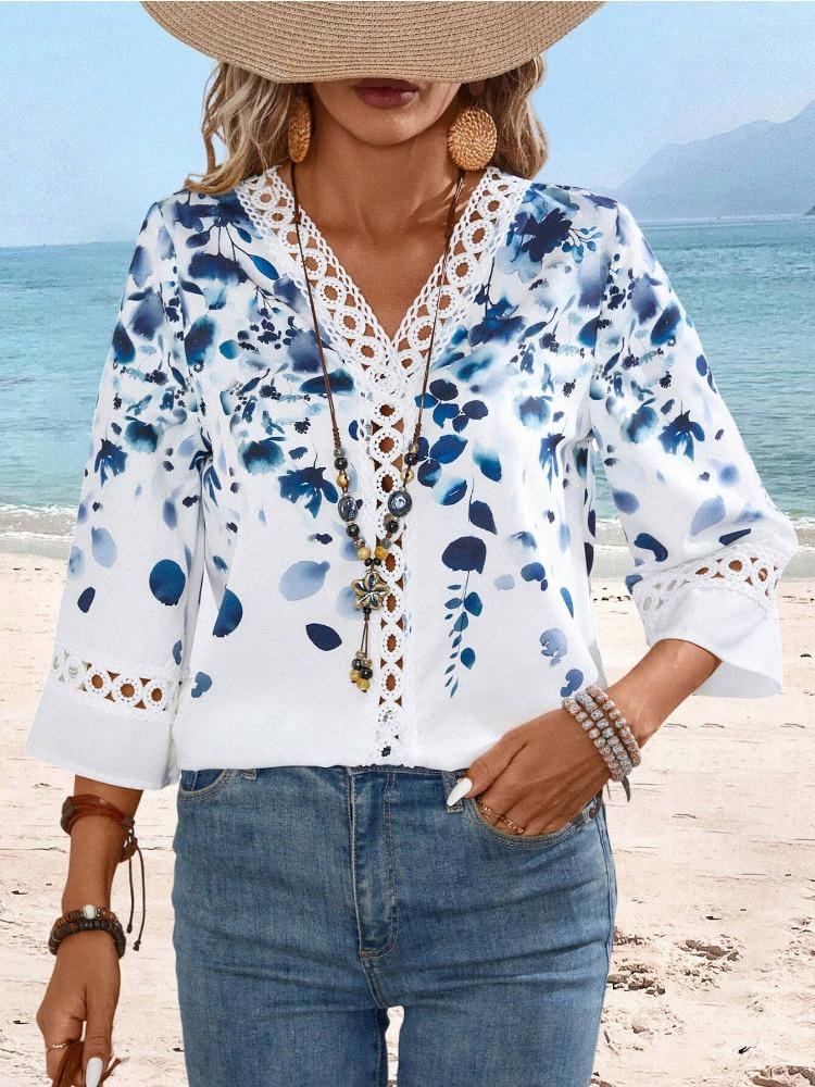 Модные женские повседневные топы, осенние кружевные манжеты с V-образным вырезом, кружевная футболка с длинным рукавом, удобная и универсальная футболка для женщин