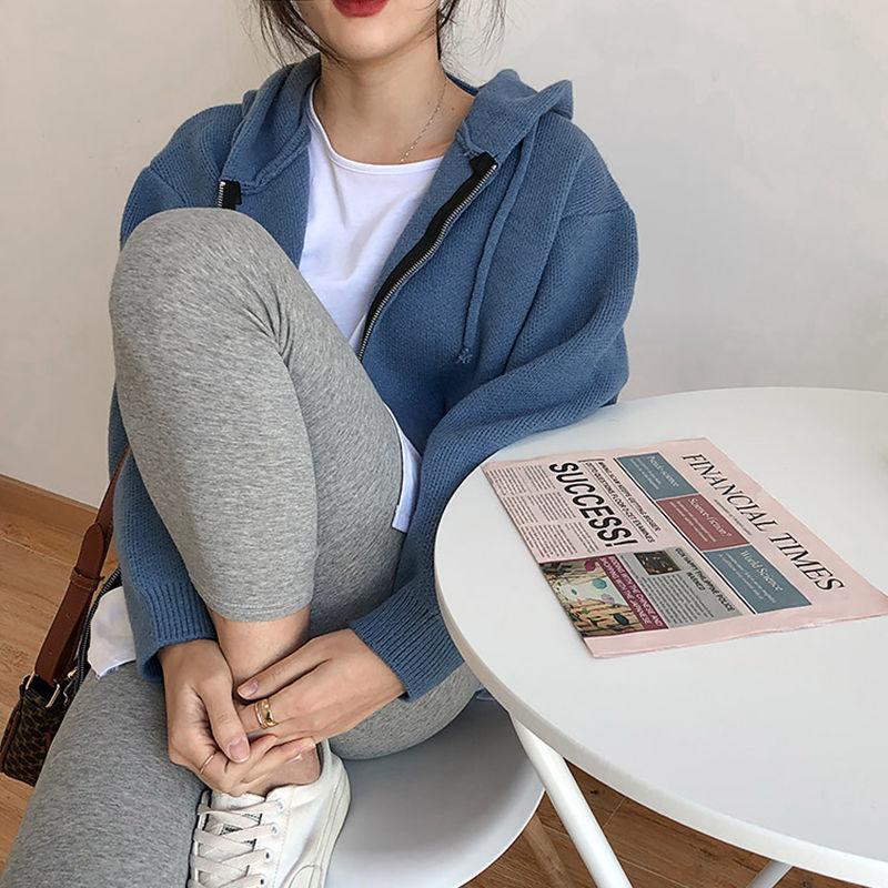 Harajuku однотонный вязаный кардиган женский корейский вариант свитер на молнии с капюшоном ленивый ветер свободные универсальные укороченные топы пальто