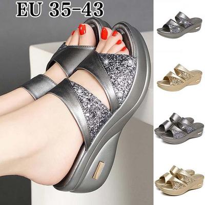 2020 женские сандалии на танкетке, мягкие тапочки с открытым носком, тапочки на платформе с открытым носком, обувь с пайетками