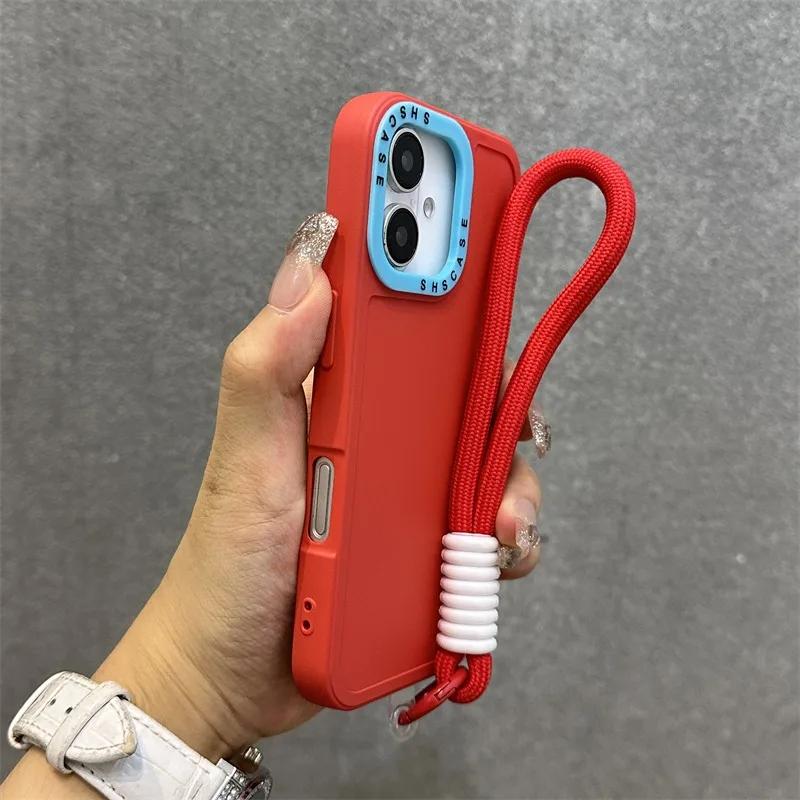 Силиконовый чехол для телефона с амортизацией для iPhone 11-17 Pro Max Plus с матовым покрытием и ремешком на запястье