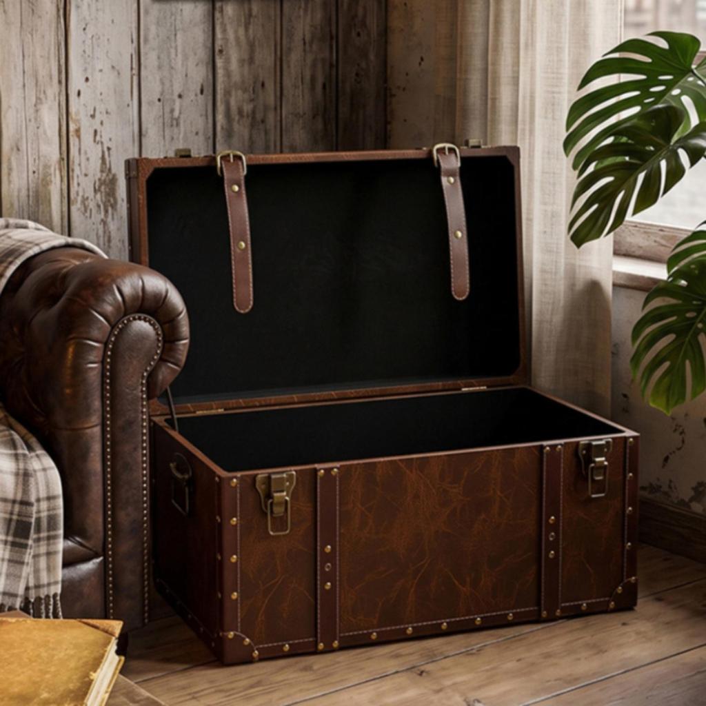 Leather Accent Wood Storage Box with Secure Metal Clasp for Entryway