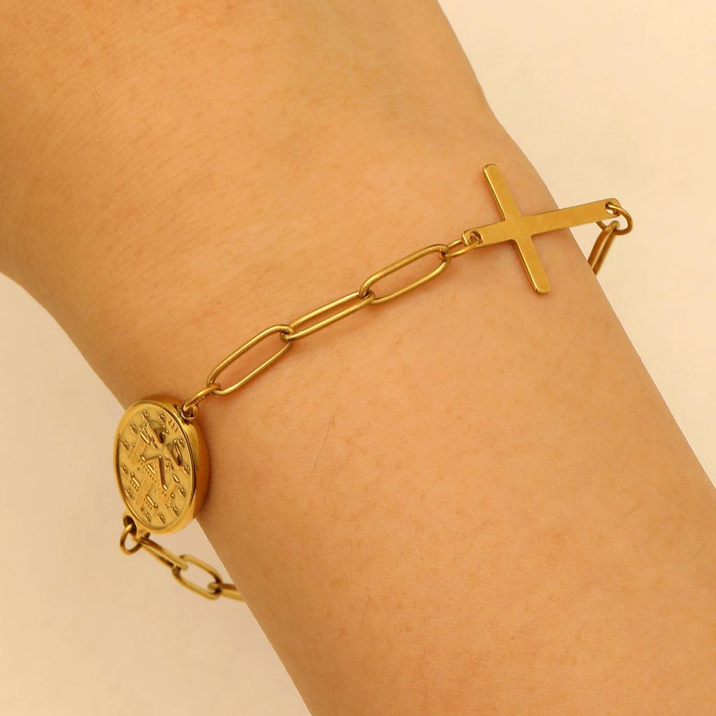 Женский кулон Дева Мария с крестом овальный из нержавеющей стали, цепочка из бусин, женский браслет оптом