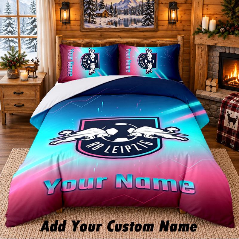 RB Leipzig FC Pattern Bedding 3Pcs Set Custom Name, Bed Sheet And Pillowcases For Home Bedroom