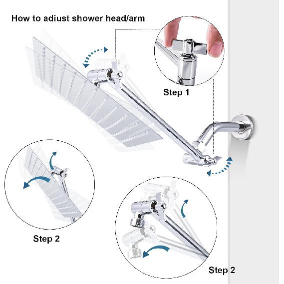 Heavy Duty Adjustable Shower Arm, 11" Brass Extension with Gear Lock Teeth & Swivel Nut, Strong Load Support, No Sagging, Keeps Shower Head Straight,