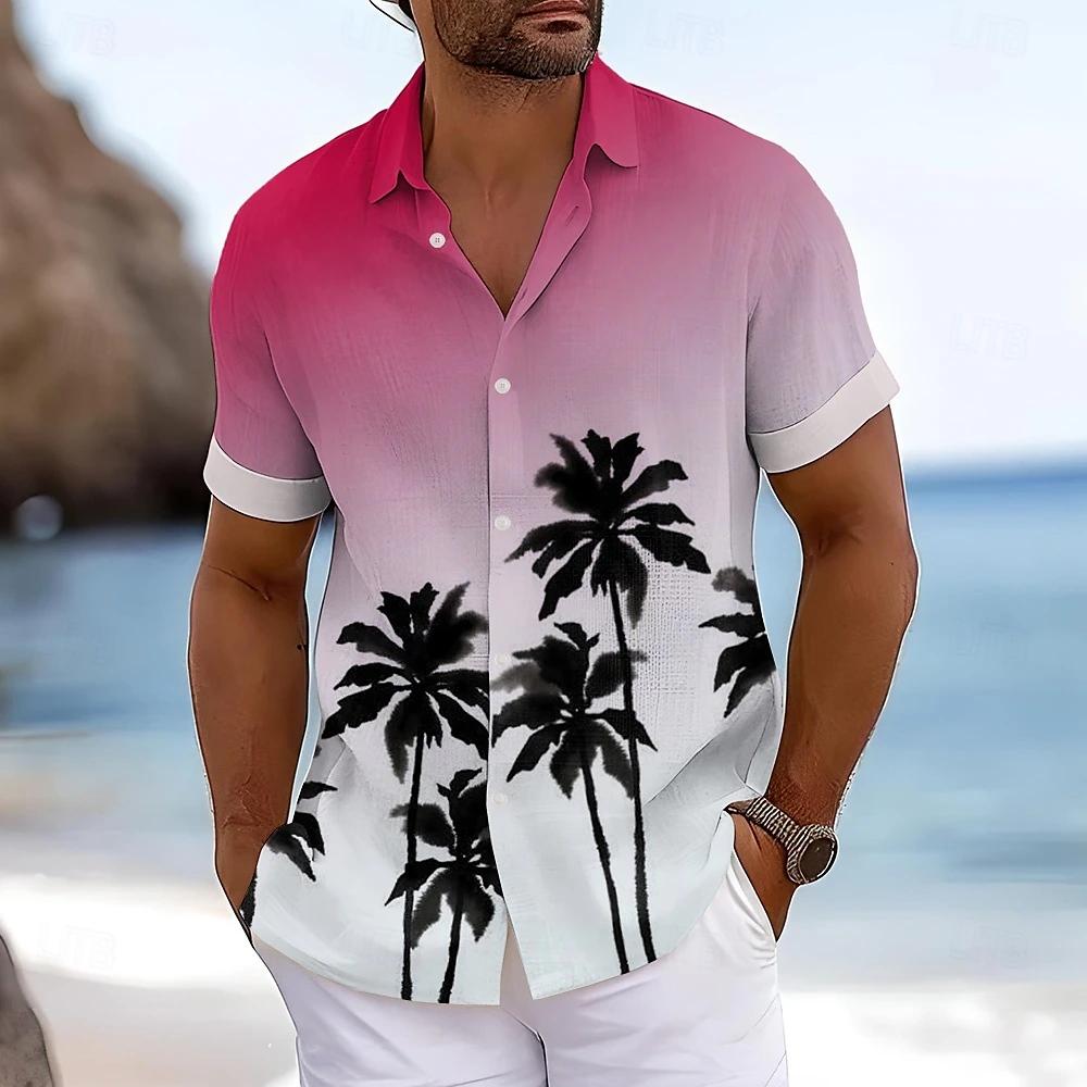 Men's Beach Tree 3D Print Shirt Button Up Shirt Casual Shirt Summer Shirt Short Sleeve Daily Vacation Clothing