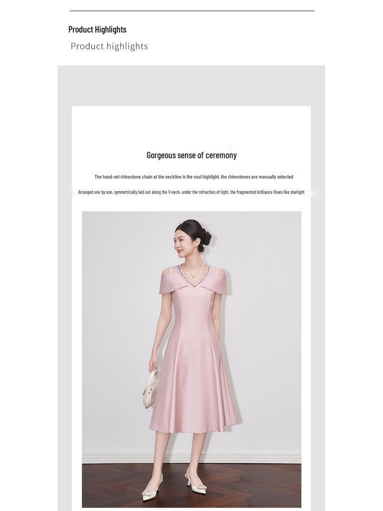 Элегантное французское летнее вечернее платье с V-образным вырезом, открывающее плечи - Дизайн «легкая роскошь», расшитый стразами, облегающий талию
