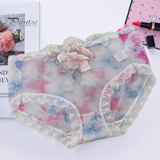 Underpants Women Panties Rose Embroidery Flower Print Mid Waist Stretch Briefs See-through Lace Sexy Ladies Underwear Daily Wear