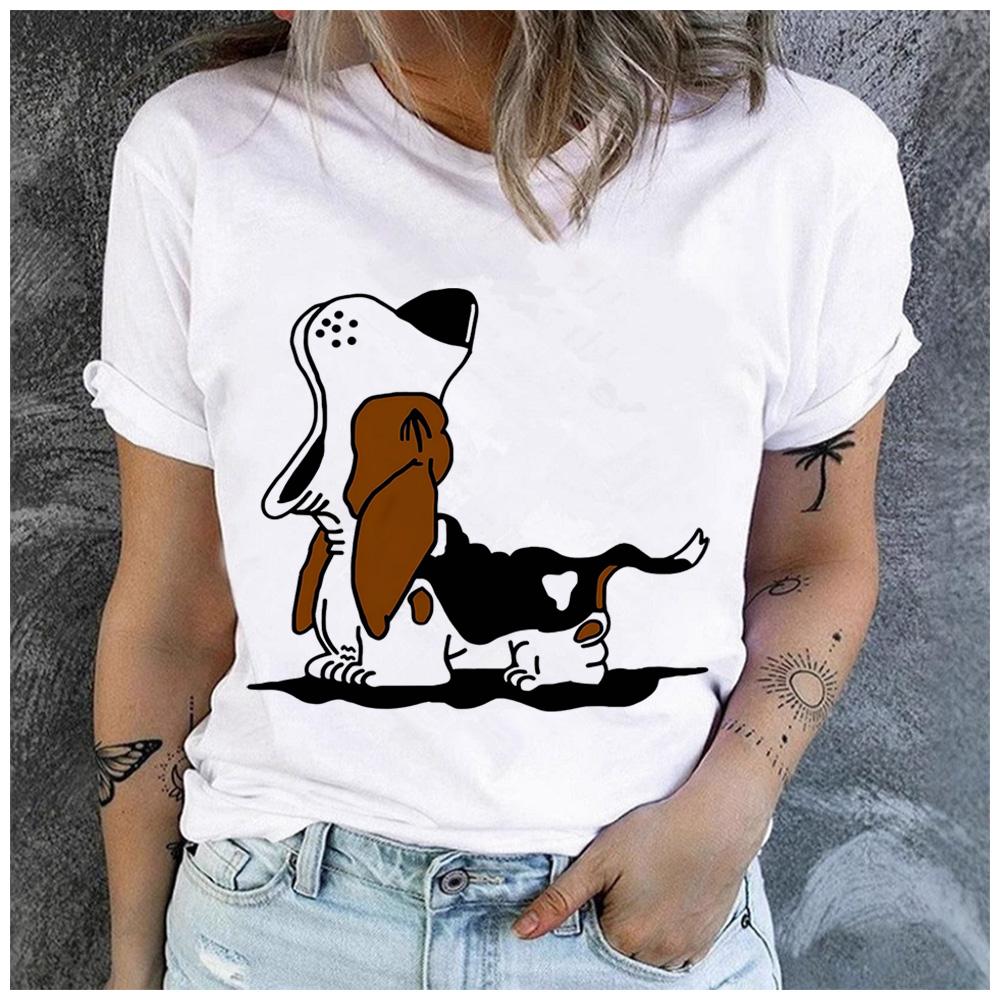 Polyester 100% Retro Sketch Basset Hound Dog Graphic Women T-Shirt Pet Lover Casual Short Sleeve Tee