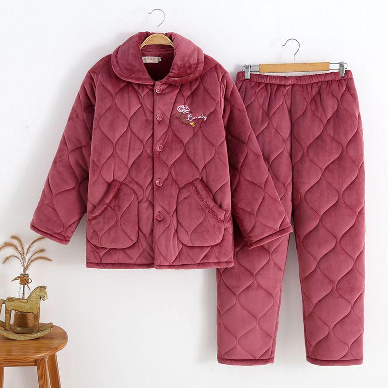 Мама Стеганая Пижама Трехслойный Толстый Коралловый Флис Домашняя Одежда Женский Комплект Пижамы Большого Размера