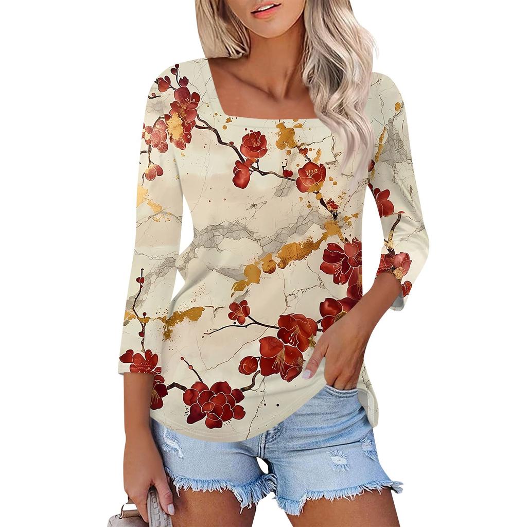 Shirt For Women's Fashion Casual Square Neck 3/4 Sleeve Loose Printed T-Shirt Ladies Top