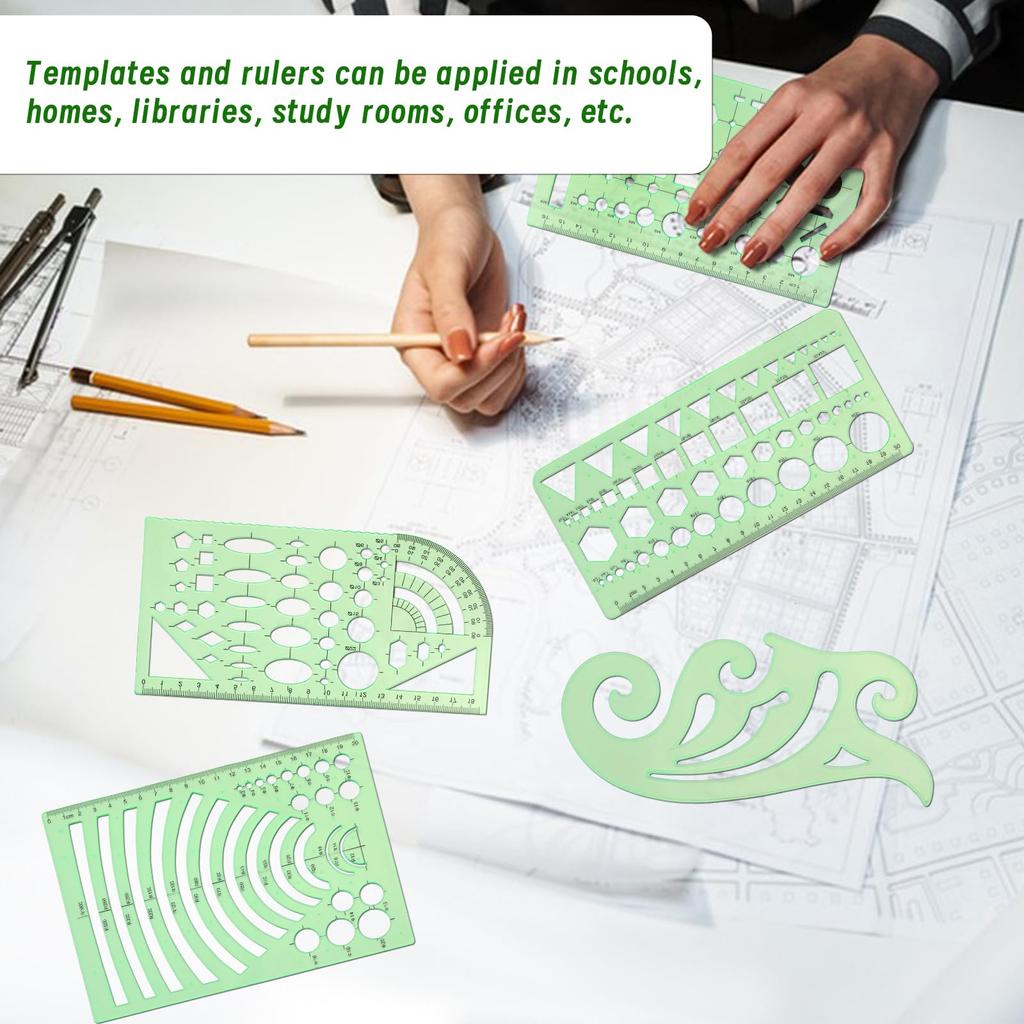 Fenrry 18Pcs Ruler Set Geometric Templates Drawing Tool with Bag Circle Stencils for Architect Scale Measuring Drafting