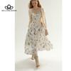 Floral Lace-Up Sling Waist Slimming Dress French Style Long Dress Retro Fairy Dress Gentle Elegant Square Collar Dress