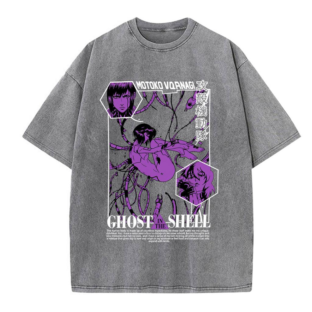Винтажные стираные аниме-футболки Ghost in The Shell Мотоко Кусанаги для мужчин и женщин, модная одежда, панк, оверсайз, с коротким рукавом