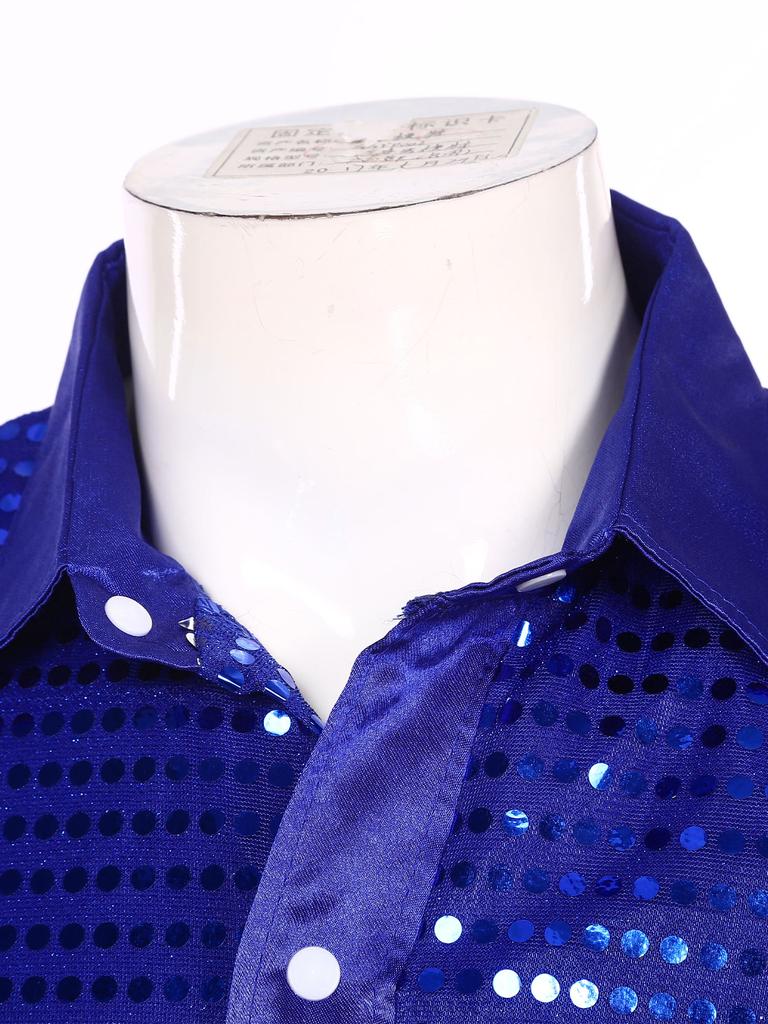 Men’s Stage Performance Sequined Shirt Turn-Down Collar Long Sleeve Patchwork Sparkly Top for Latin Jazz Dance Practice