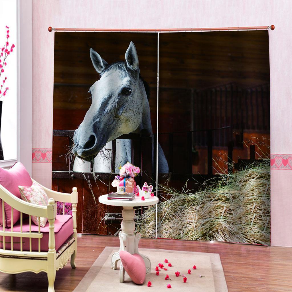 Horse With Wooden Door 3D Digital Printing Bedroom Living Room Window Curtains 2 Panels