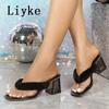 Fashion Liyke Summer Slipper Women Black Furry Feathers Slides Shoe Fashion Strange Transparent Fretwork Heels Flip Flops Sandal Size 42