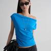 Off-Shoulder Jersey Top - Blue | Ruched Slim-Fit Casual Top