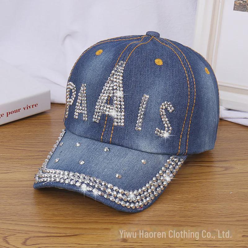 Women's Rhinestone Denim Baseball Cap - Paris Lettering Sun Hat