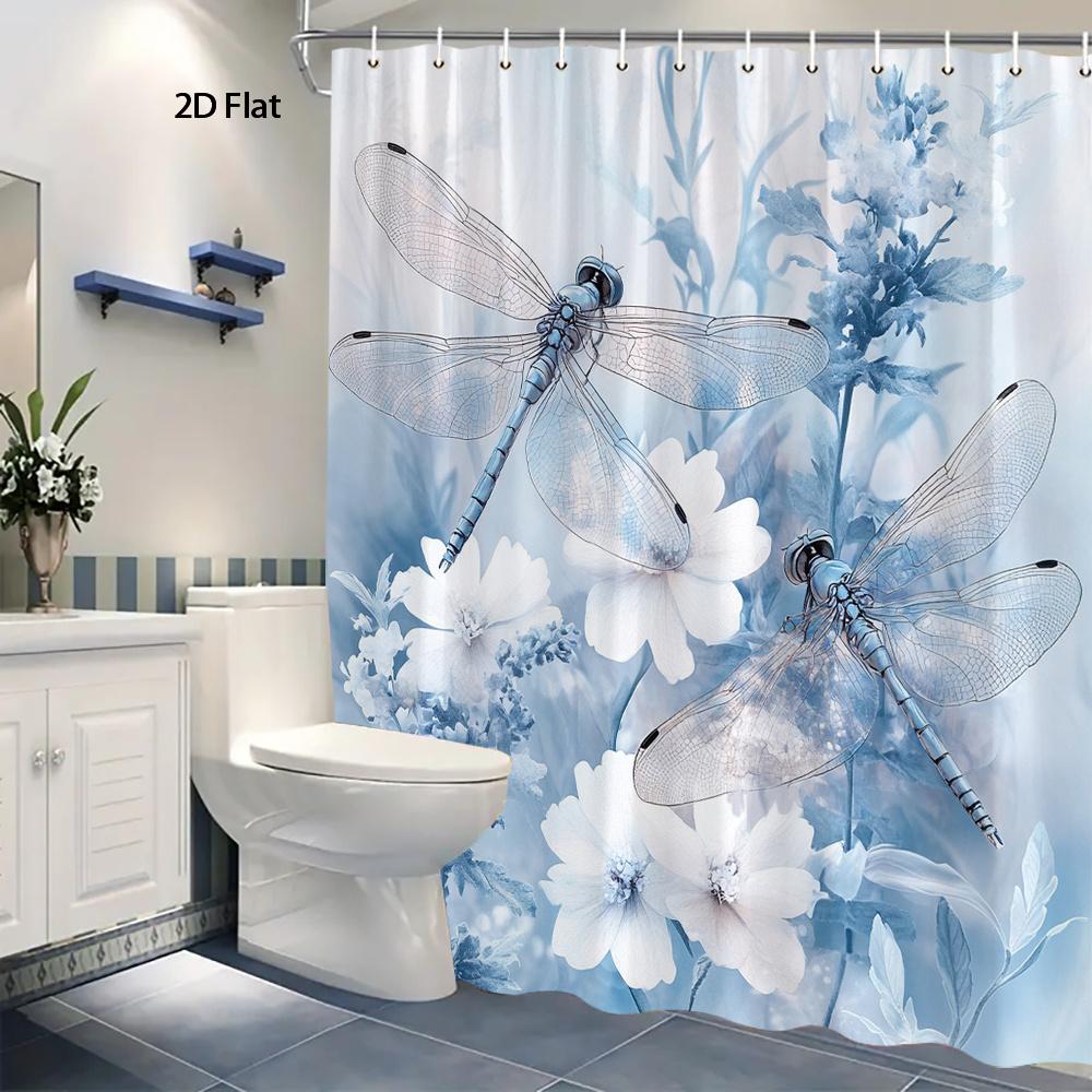 Watercolor Blue Floral Dragonfly Bathroom Shower Curtain Waterproof Nature Botanical Shower Curtain Liner for Modern Home Decor