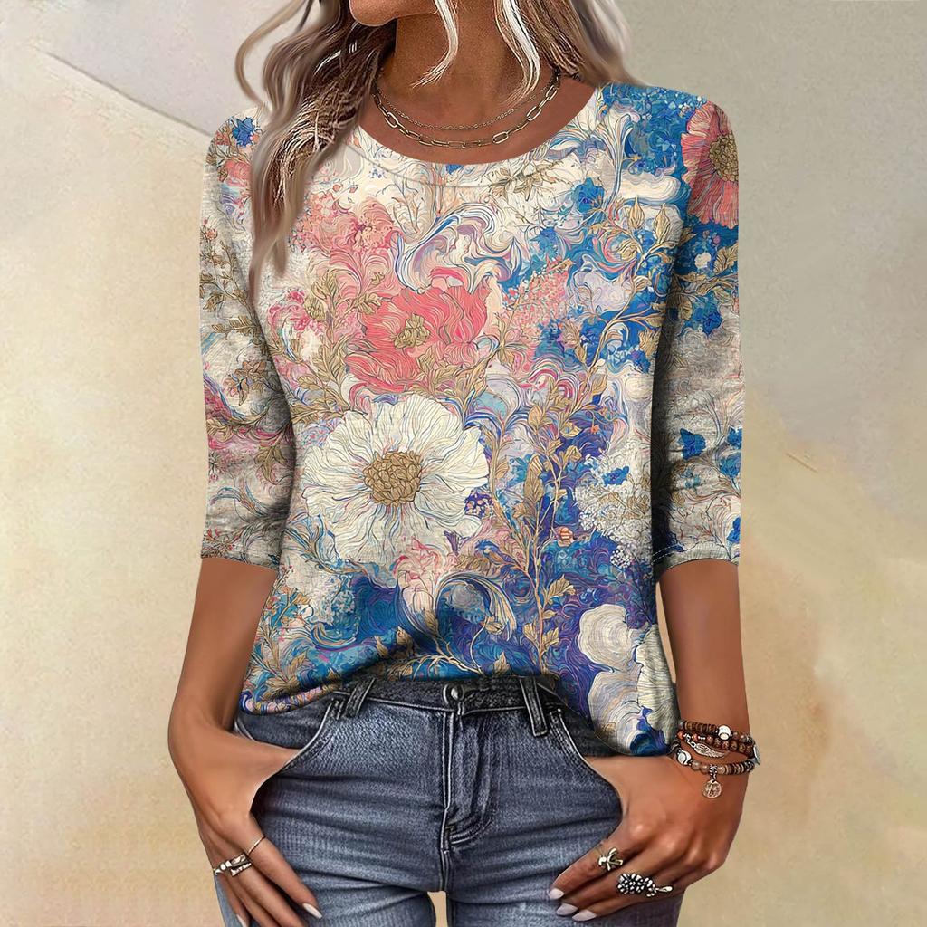 Trendy Vintage 3/4 Sleeve Top For Women ,Ladies Casual Three Quarter Sleeve Round Collar Printed T-Shirt Blouse