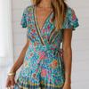 Women's Holiday Bohemian Print Mini Dress Ladies V Neck Summer Beach Sundress