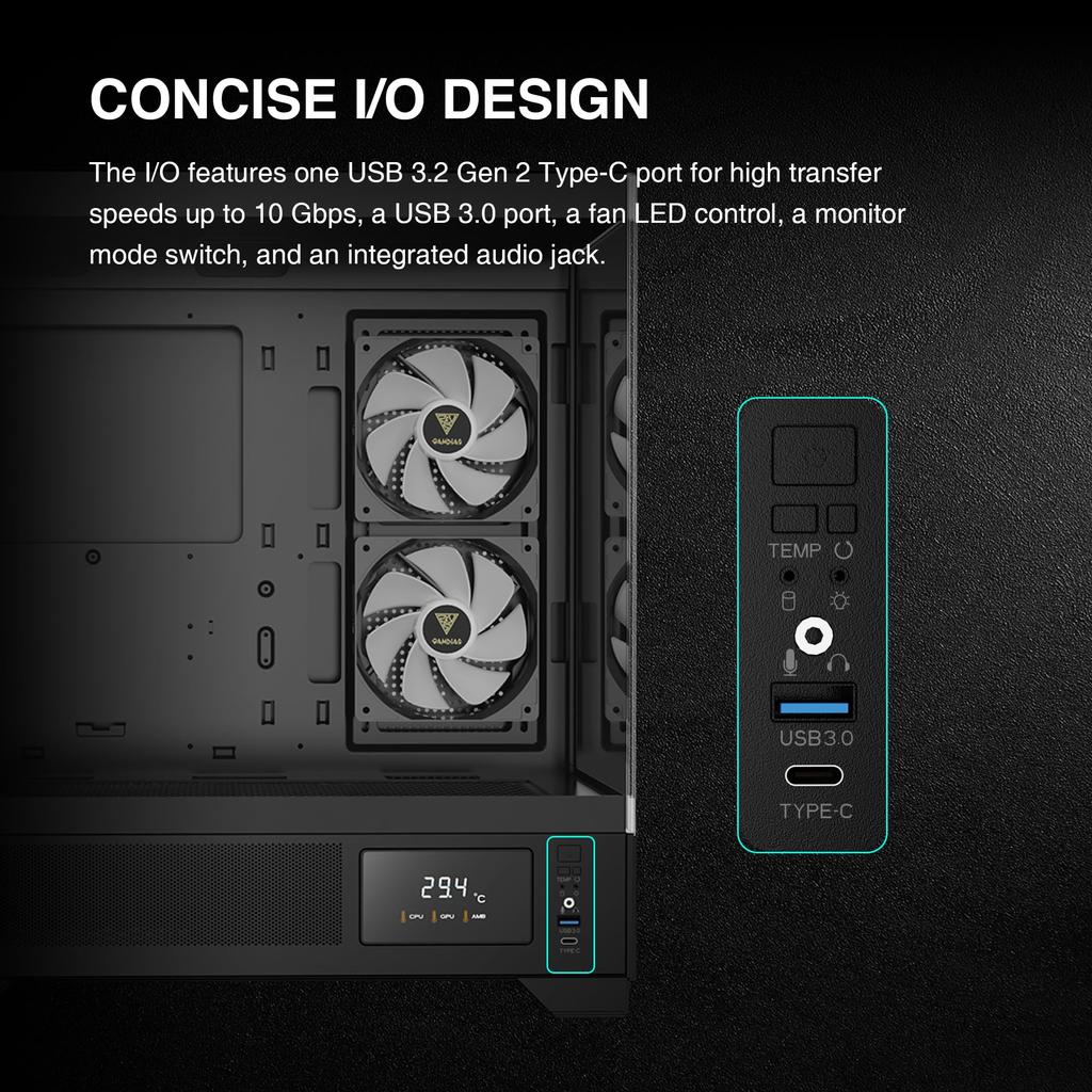 Совместимость с приложением GAMDIAS Gaming PC Case Display Изготовлен из закаленного стекла ATX Вентилятор 3x120 мм ARGB PWM Поддержка видеокарт до RTX 4000 410 мм Поддержка видеокарт до 360 мм