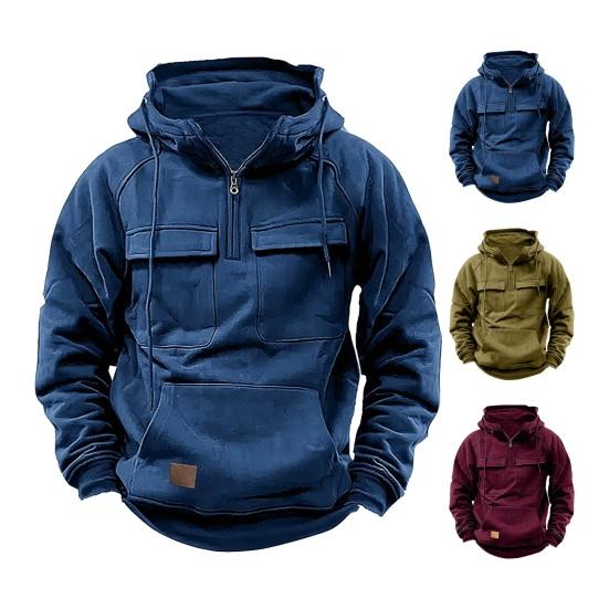 Yousheng весна-осень мужская толстовка с капюшоном в стиле карго с завязками на шнурке, большим накладным карманом, полумолнией, длинными рукавами, однотонная повседневная спортивная одежда