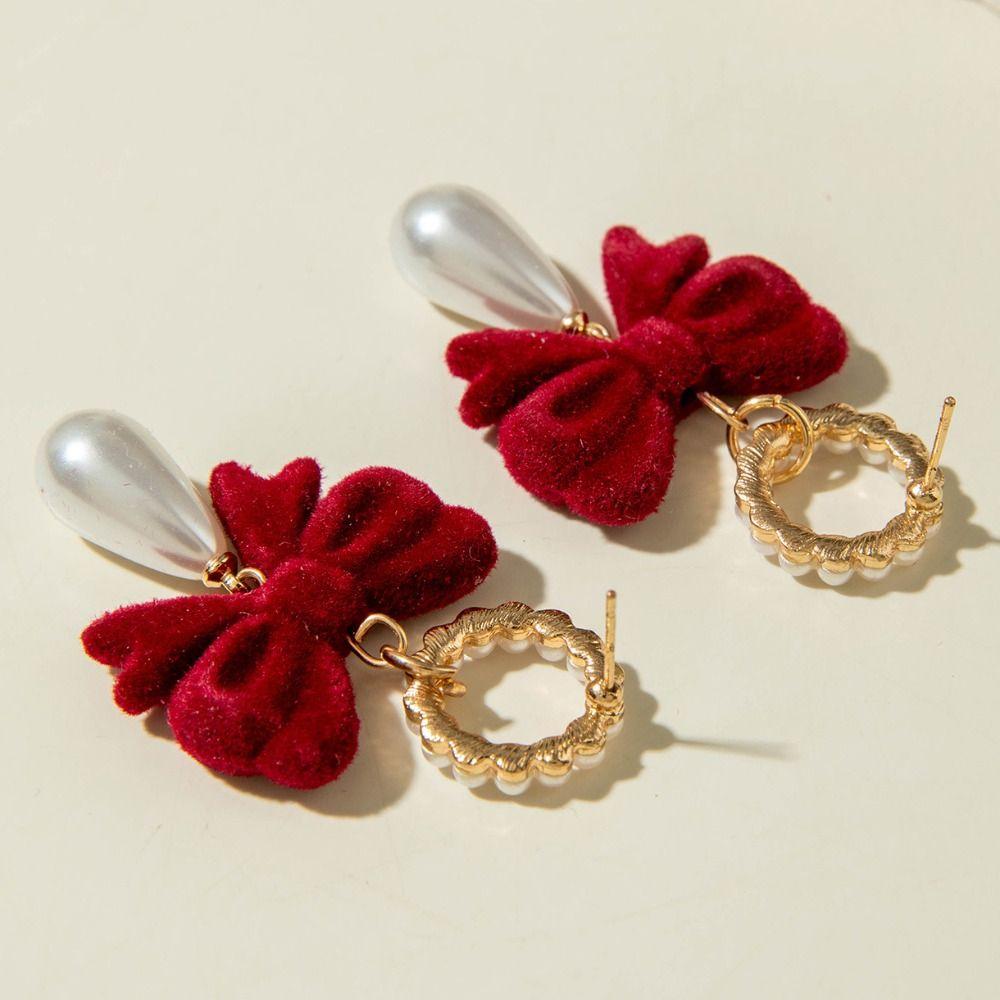 Pearl Wine Red Bow Drop Earrings Bowknot New Year Earrings Red Velvet Bow Earrings Decoration
