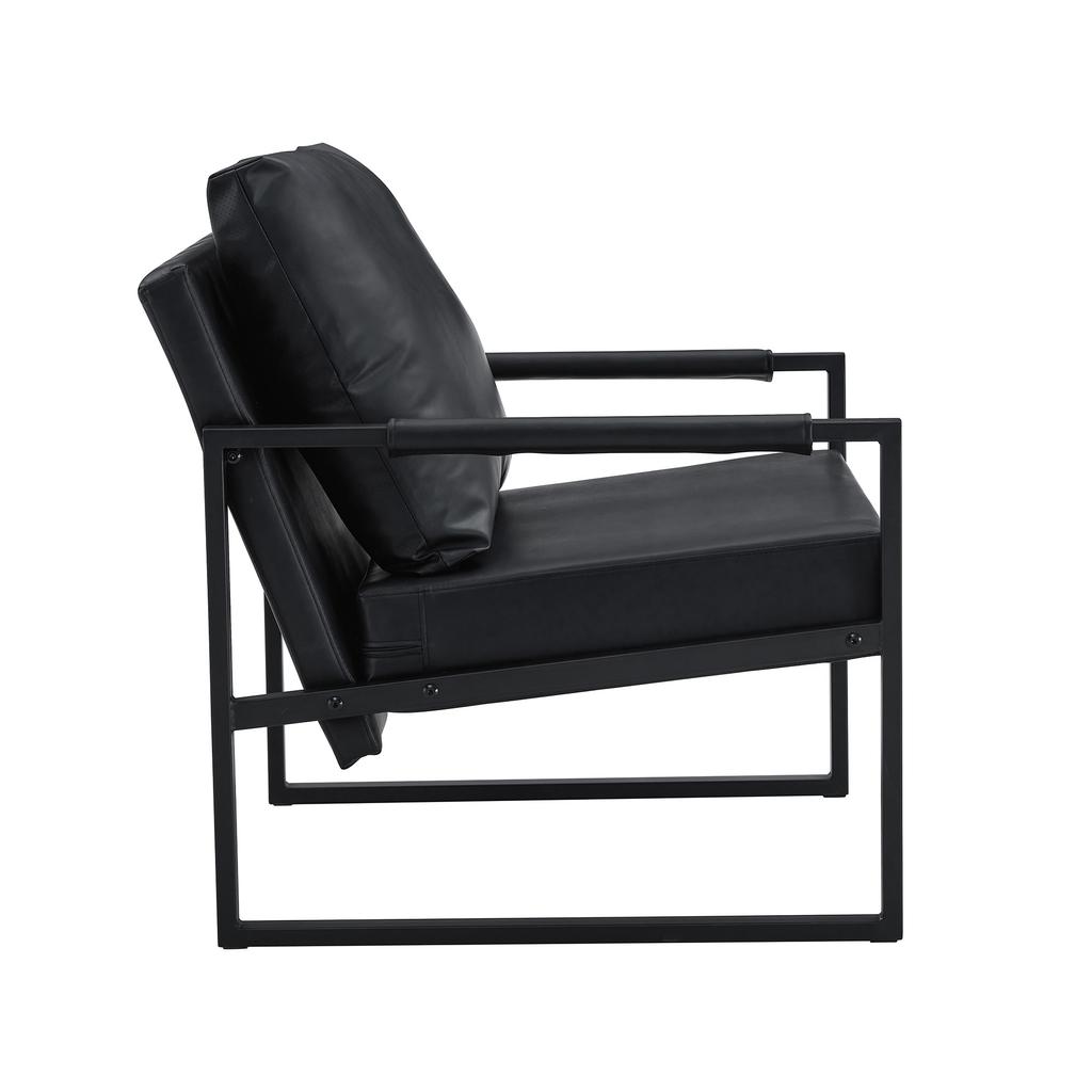 Black Reading Armchair with Black Metal Frame, Modern Leisure Armchair made of Faux Leather, Single Sofa for Living Room, Bedroom, Office