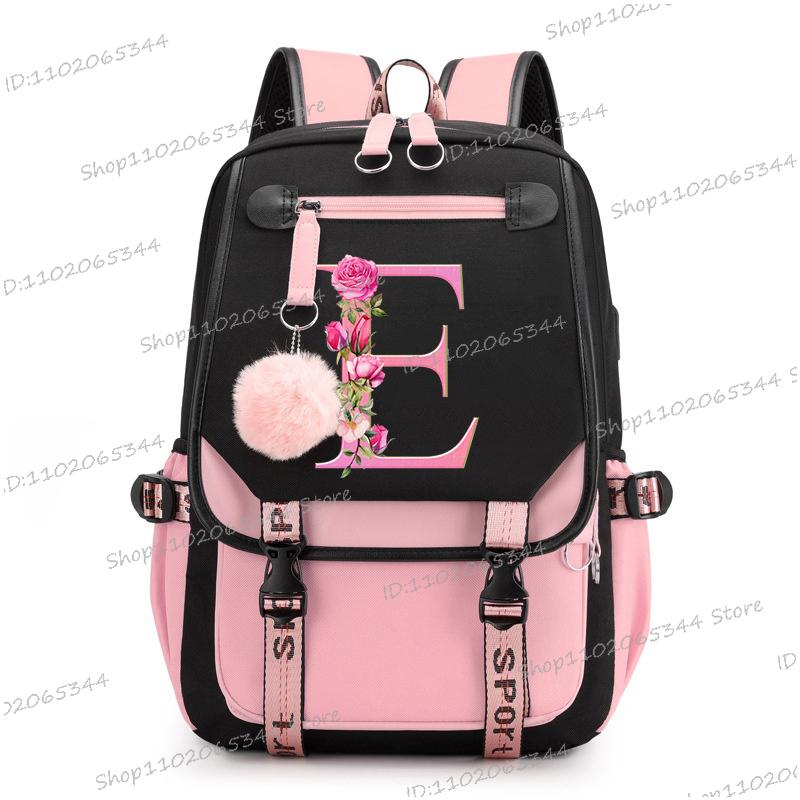Подростковые рюкзаки Black Pink 26 инициалов Цветок Алфавит от А до Я Большая вместимость Харадзюку Мода Молния Эстетичный Школьная сумка для студентов