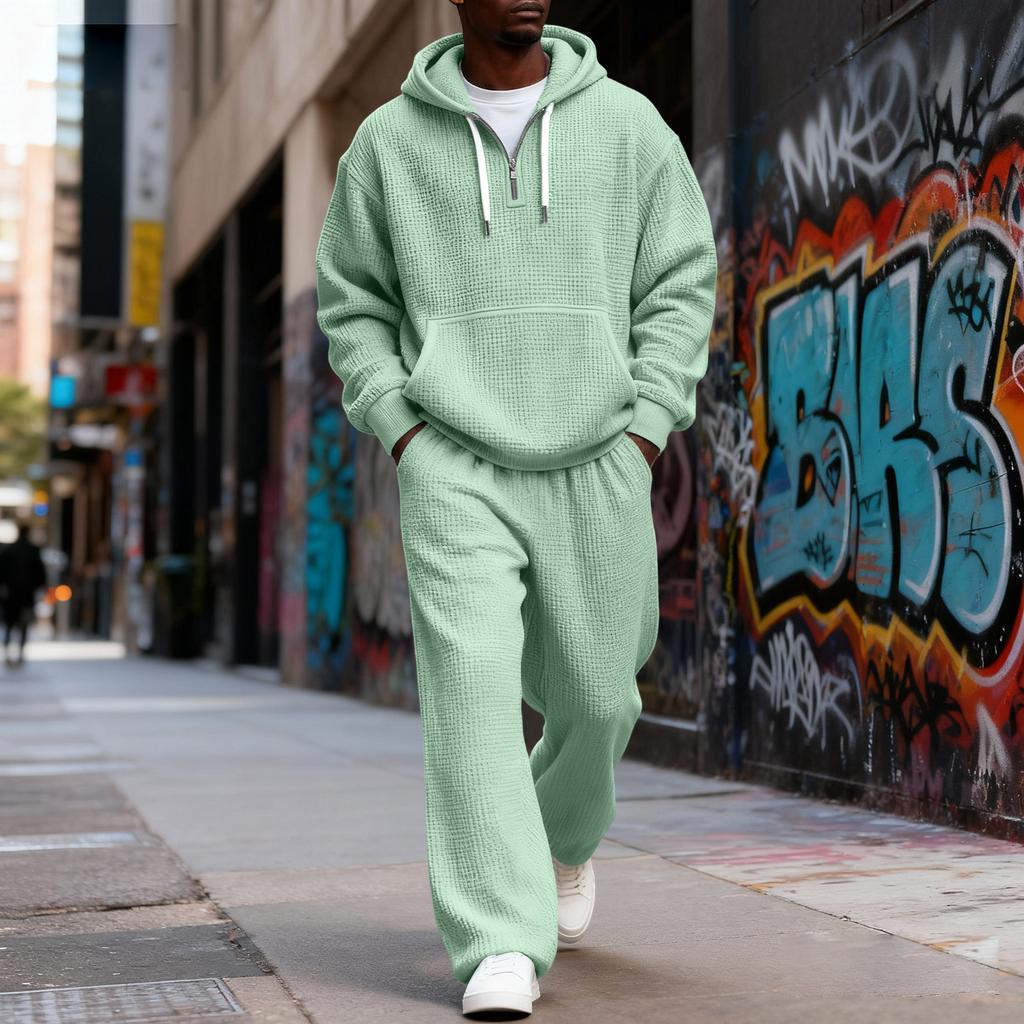 Мужской И Зимний Текстурный Худи на Молнии и Прямые Брюки Повседневный Комплект