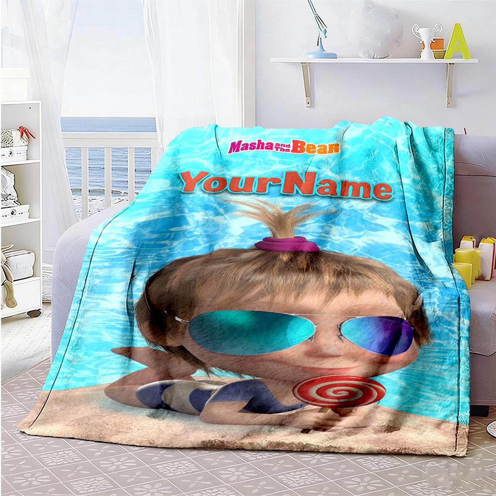 Masha Bear Customize Text Blanket Multi-purpose Personalized Blanket Durable Comfort Throw For Picnics Chair Bedding Nap Four Seasons Universal