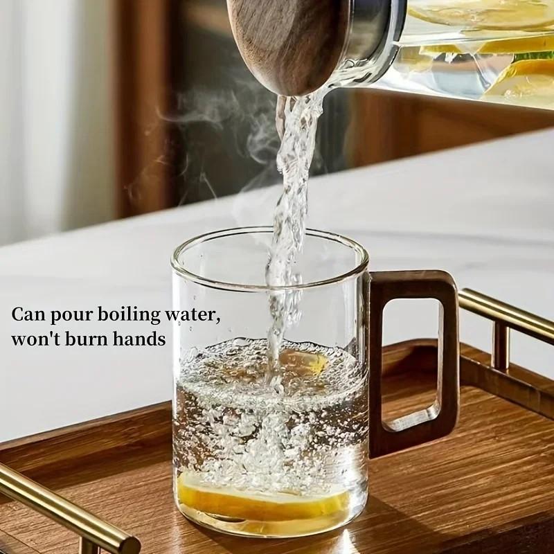 Heat Resistant 100ml Glass Mug with Walnut Handle for Coffee Tea Hot and Cold Drinks Suitable for Home Office Breaks 1/2pcs