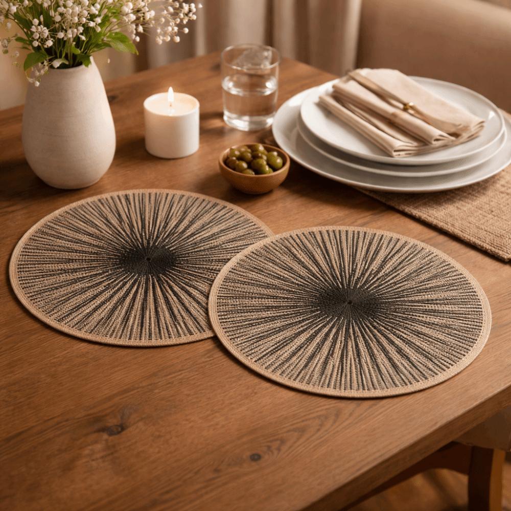 4PCS Bohemia Round Burlap Macrame Placemats Ray Pattern Dinnerware Mat Jute Tableware Mat Hotel
