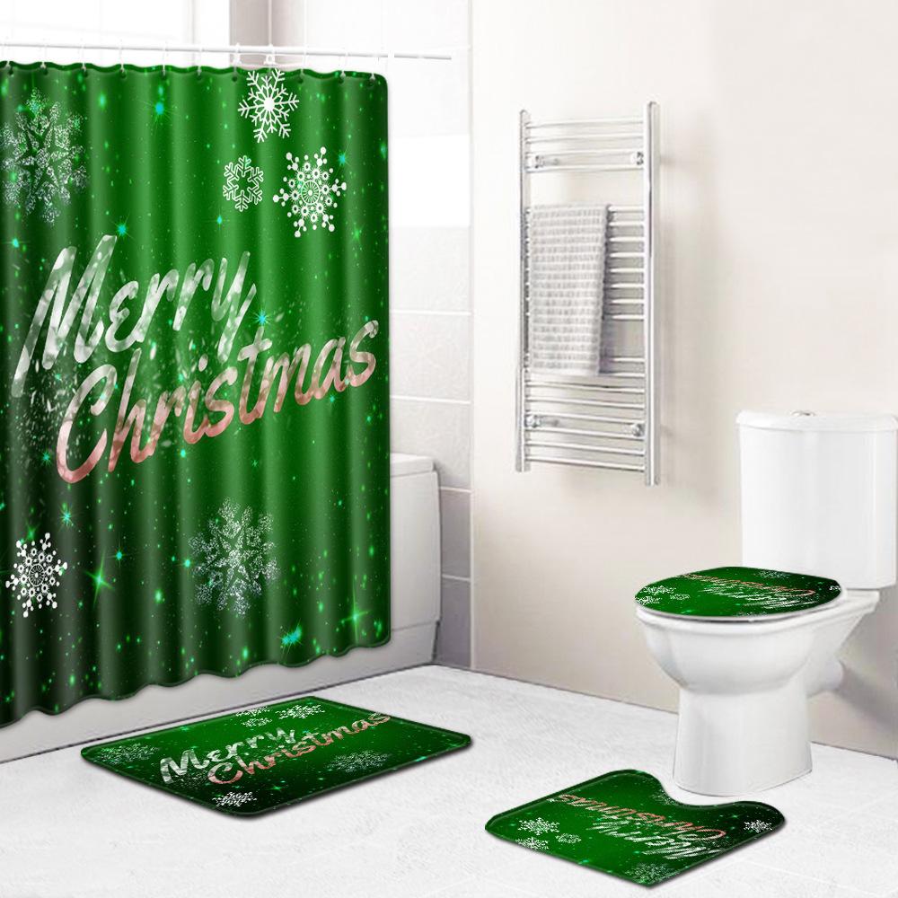 Christmas Shower Curtain Floor Mat Combination Four-Piece Set Bathroom Toilet Carpet Shower Room Mat Foot Mat