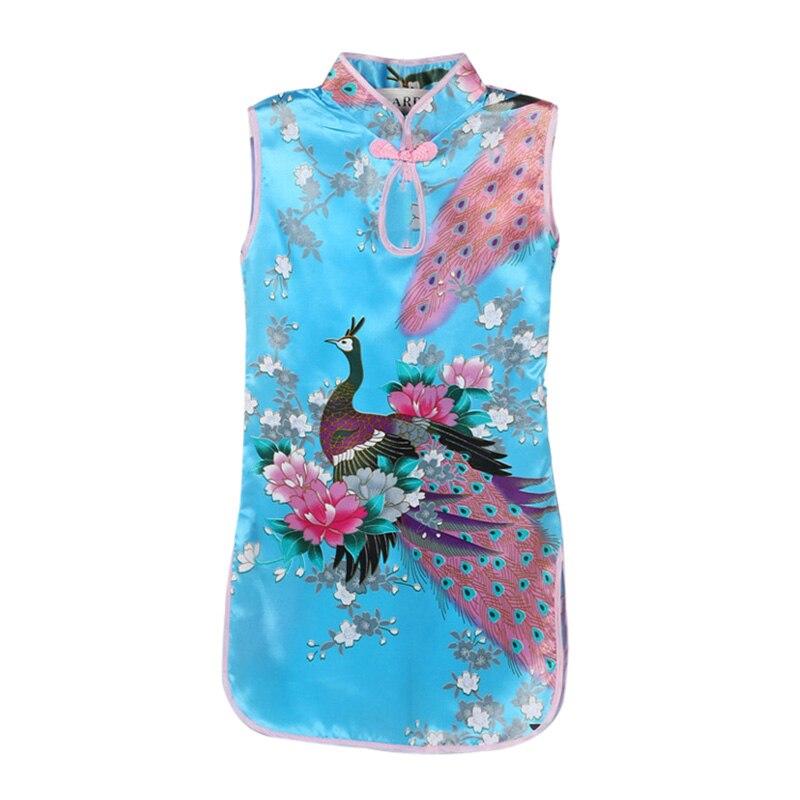 Летнее детское китайское платье Cheongsam без рукавов с принтом павлина для девочек