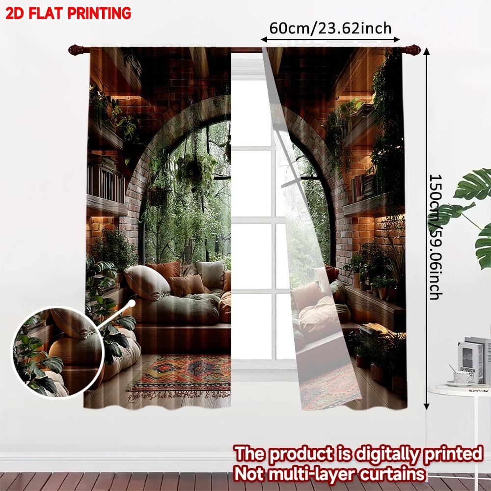 Set Of 2 Arch Window Forest View Curtains Flat Digital Printing Cozy Indoor Scene Sofa Pillows Plants Single Layer Decor Curtain Polyester