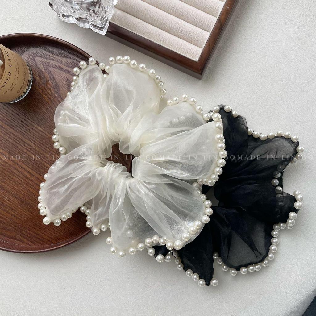 Pearl Mesh Hair Ring & Headband Set for Women - 2024 Trendy High Ponytail Accessories