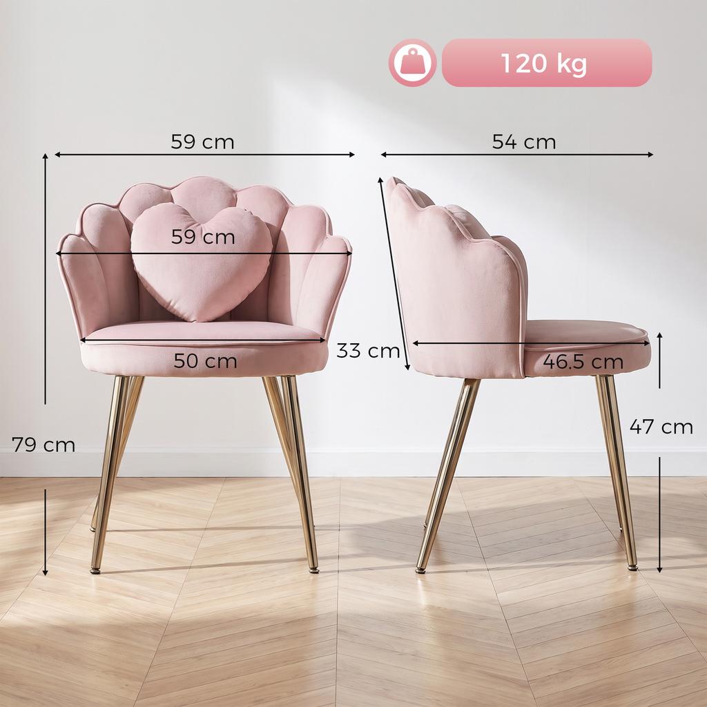 Accent Chair Velvet Upholstered Armchair Lotus Back Heart Pillow Lumbar Pillow Metal Legs Soft Pink