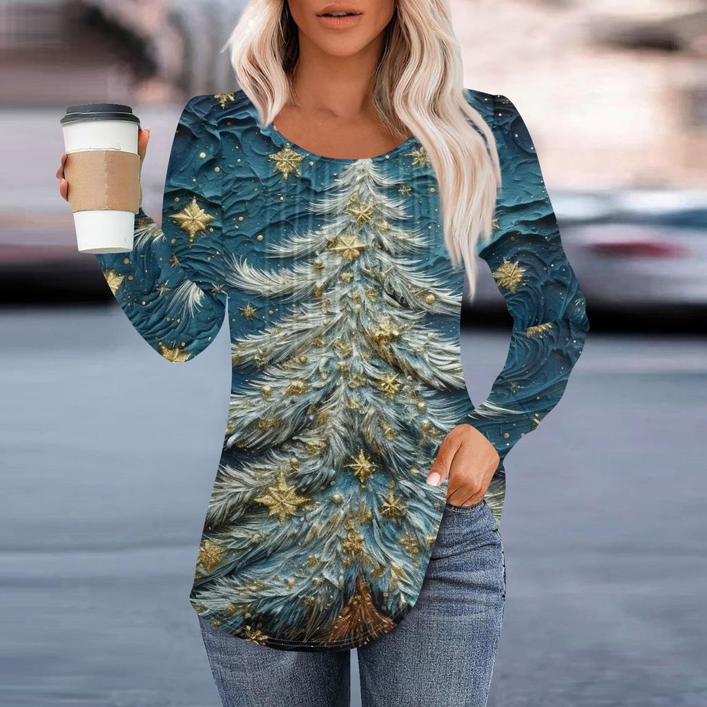 Женская повседневная и модная принтованная футболка с круглым вырезом и длинными рукавами, плиссированная футболка на Рождество