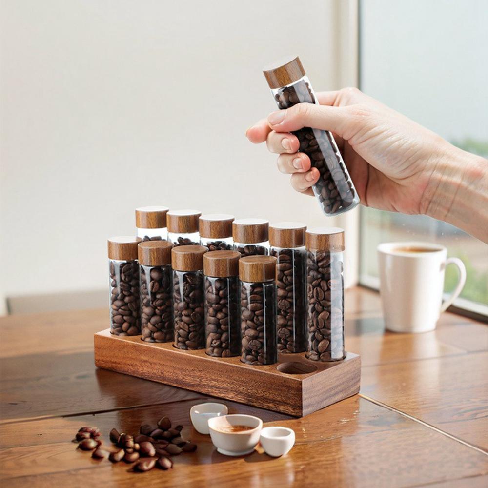 Wooden Base Coffee Bean Display Stand with 12 Clear Glass Tubes and Funnel for Cafe Bar Counter Storage